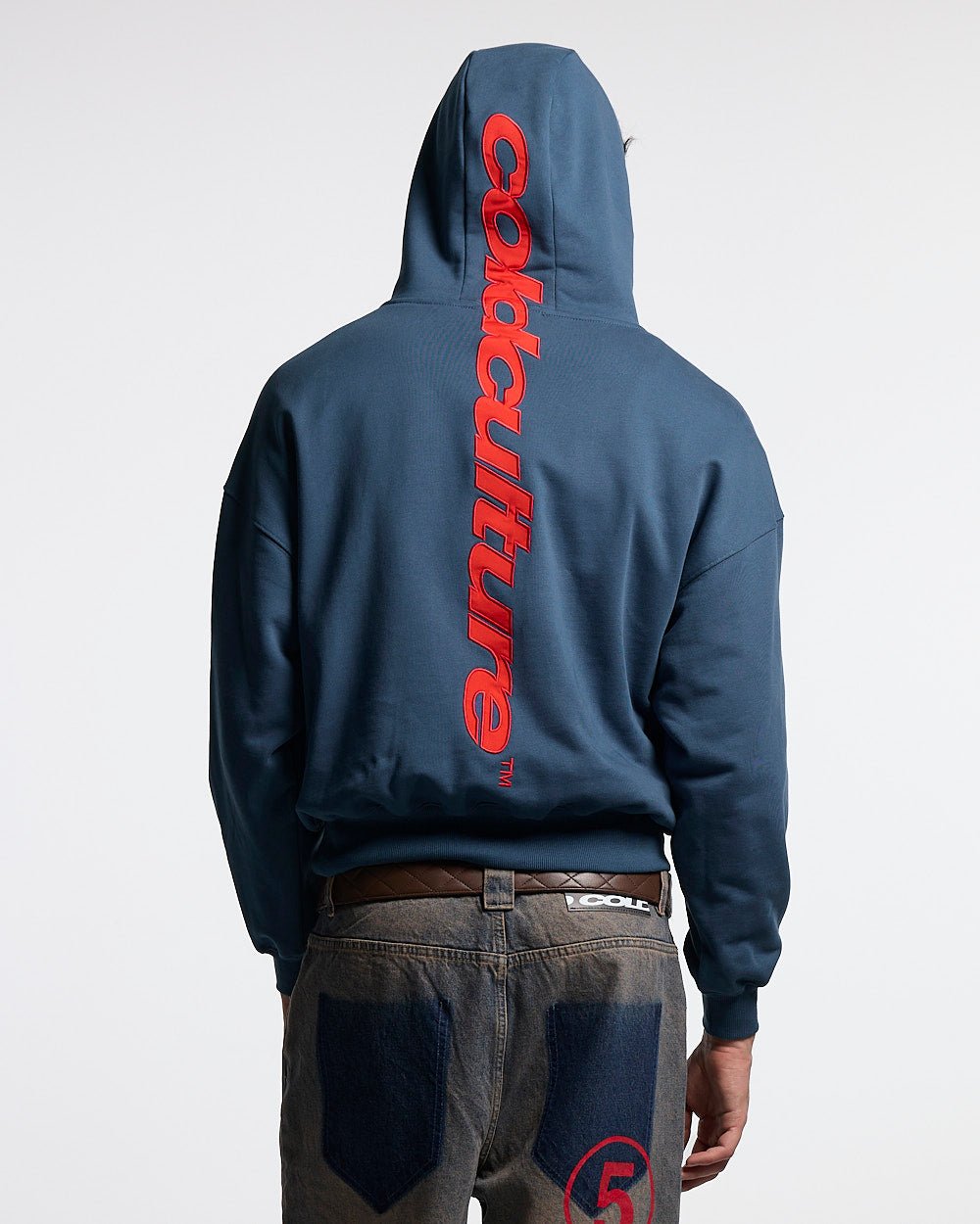 VERTICAL HOODIE NAVY - navy graphic print hoodie, back view on male model - Cold Culture