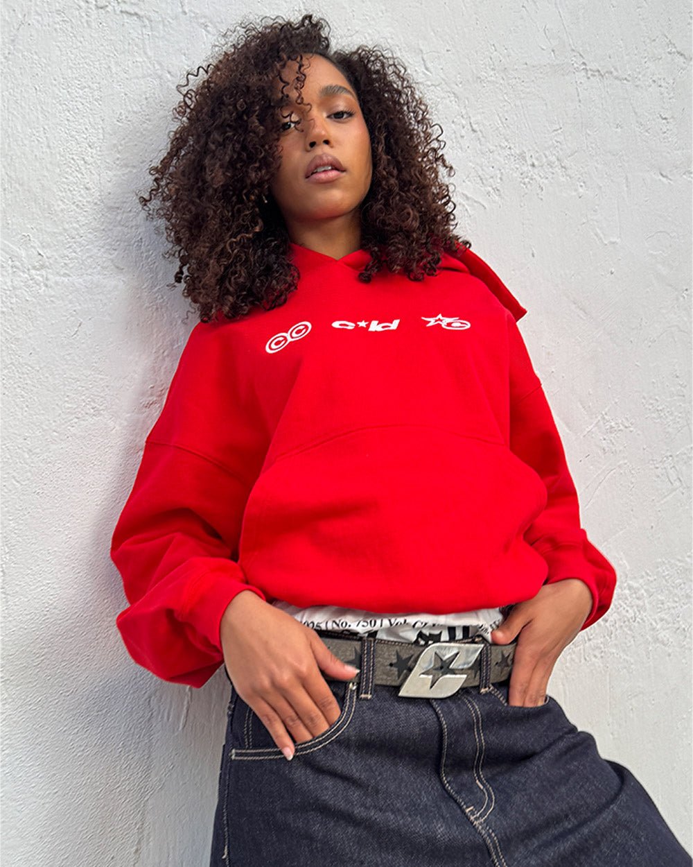 VERTICAL HOODIE RED - red oversized hoodie, front view on female model - Cold Culture #woman