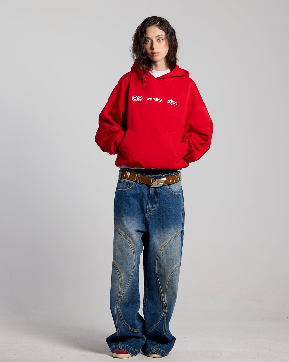 VERTICAL HOODIE RED - red oversized hoodie, front view on female model - Cold Culture #woman