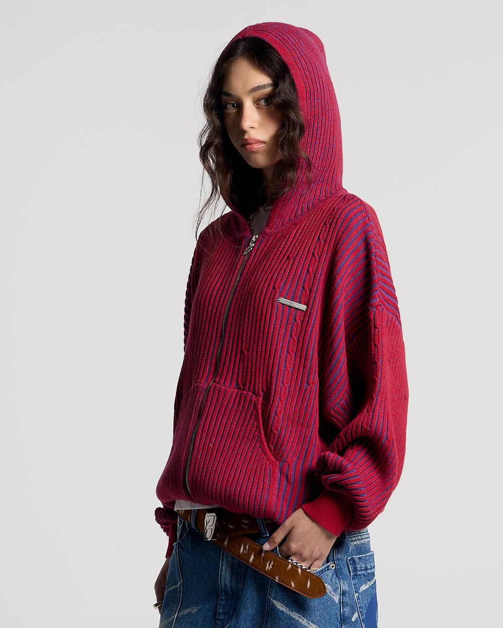 VIBE JUNCTION KNIT BLUE & RED - blue and red ribbed knit sweater, front view on female model - Cold Culture #woman