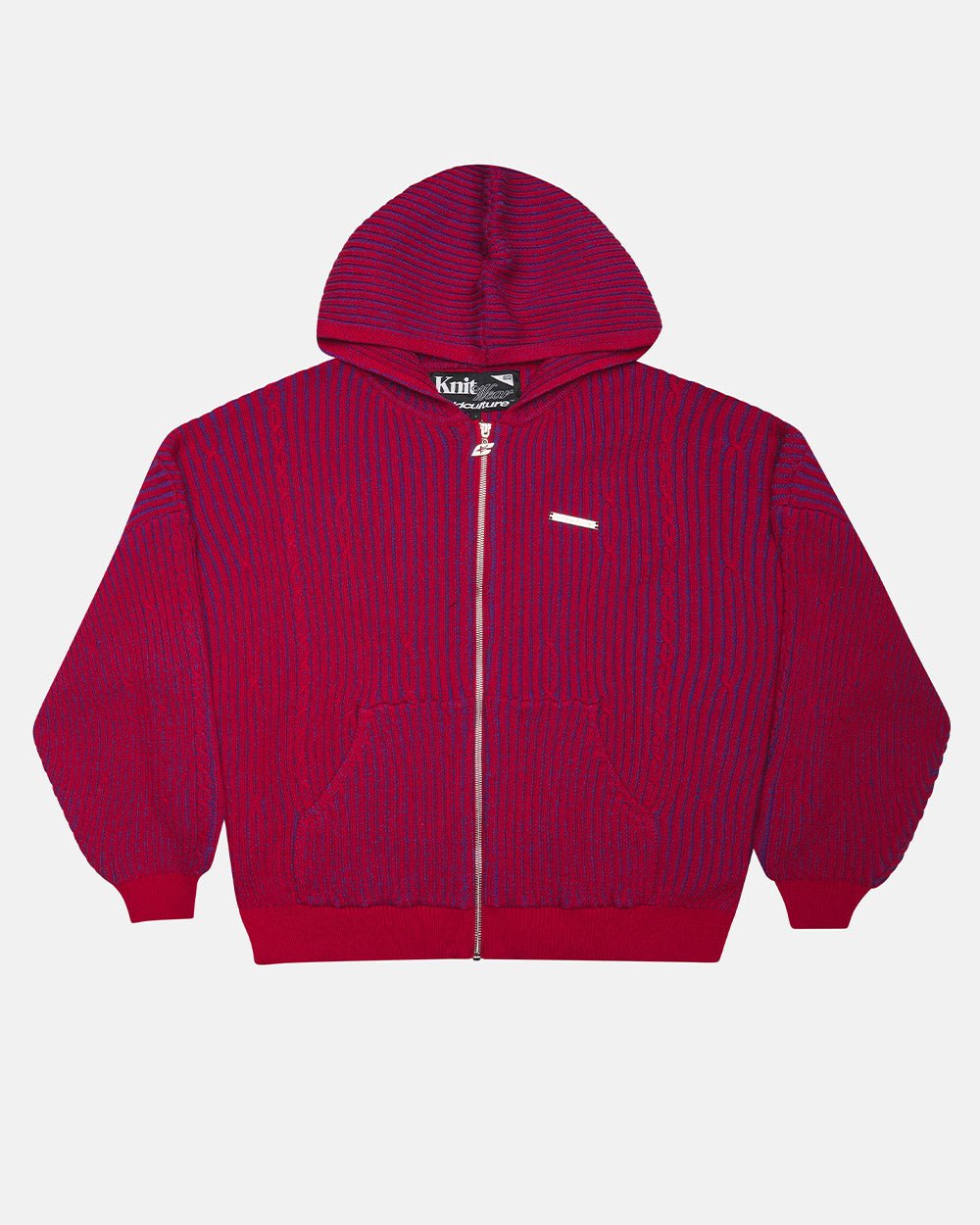 VIBE JUNCTION KNIT BLUE & RED - blue and red ribbed knit sweater, front view - Cold Culture #packshot