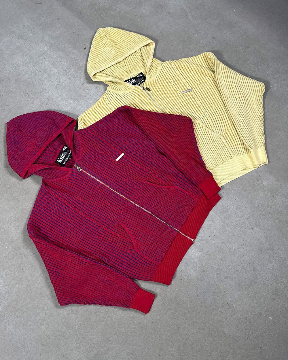 VIBE JUNCTION KNIT BLUE & RED - blue and red ribbed knit sweater, flat lay with matching pieces - Cold Culture