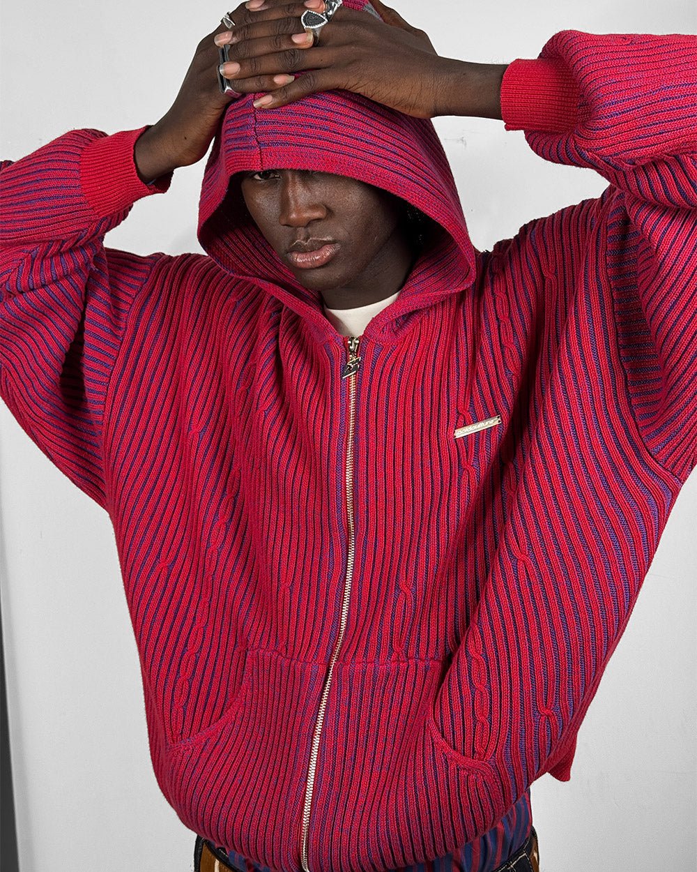 VIBE JUNCTION KNIT BLUE & RED - blue and red ribbed knit sweater, front view on male model - Cold Culture