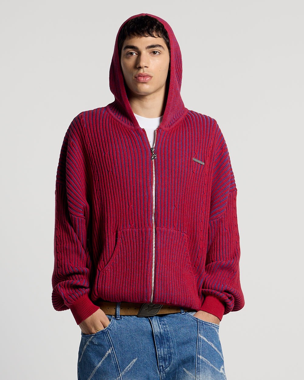 VIBE JUNCTION KNIT BLUE & RED - blue and red ribbed knit sweater, front view on male model - Cold Culture #man