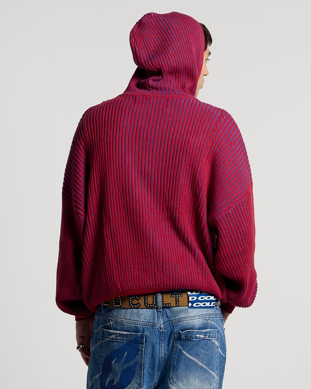 VIBE JUNCTION KNIT BLUE & RED - blue and red ribbed knit sweater, back view on male model - Cold Culture