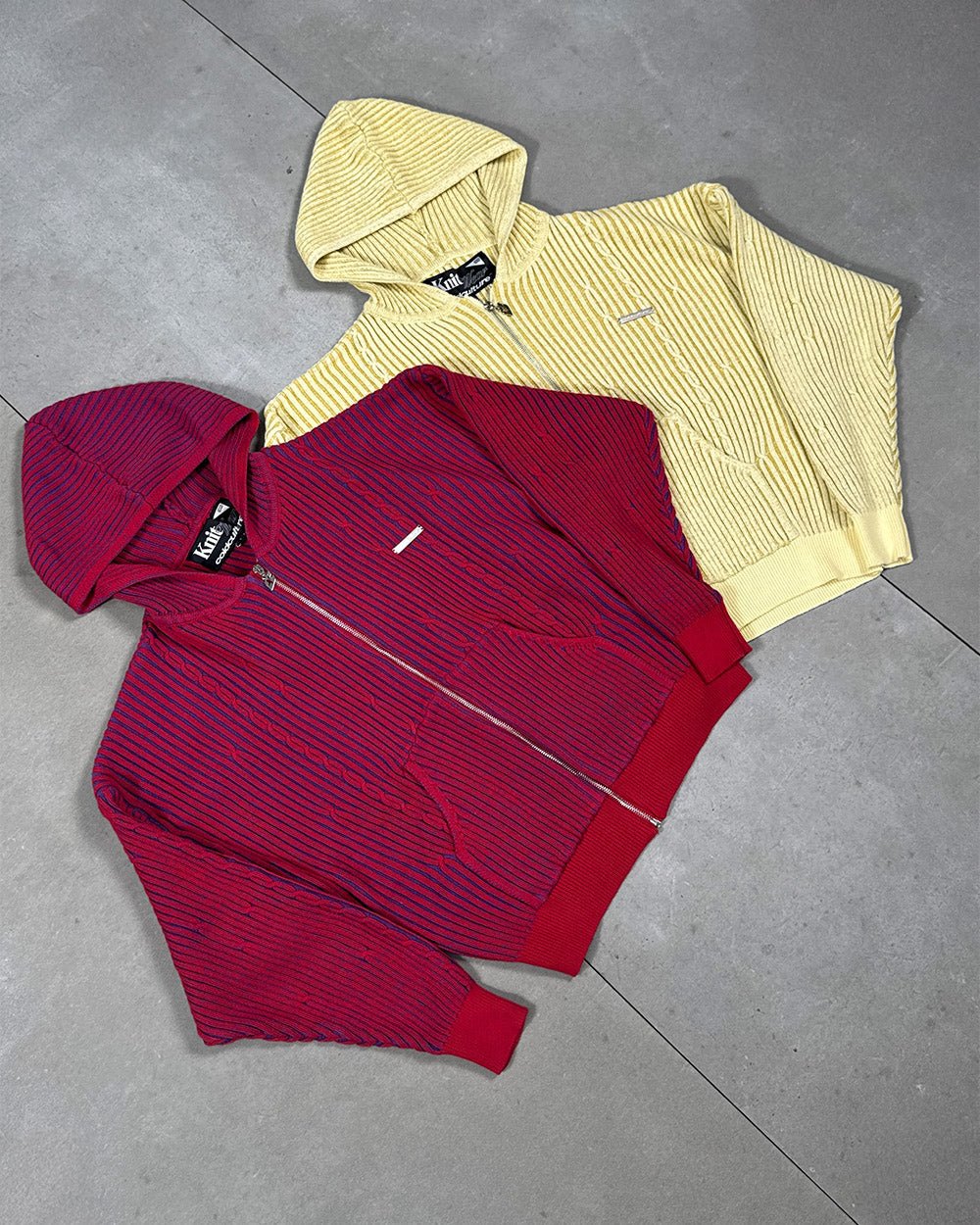 VIBE JUNCTION KNIT LIGHT YELLOW - light yellow ribbed knit sweater, flat lay with matching pieces - Cold Culture