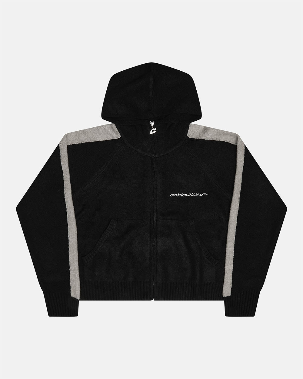 VIBRANT TEDDY KNIT BLACK - black zip-up knit sweater, front view - Cold Culture #packshot