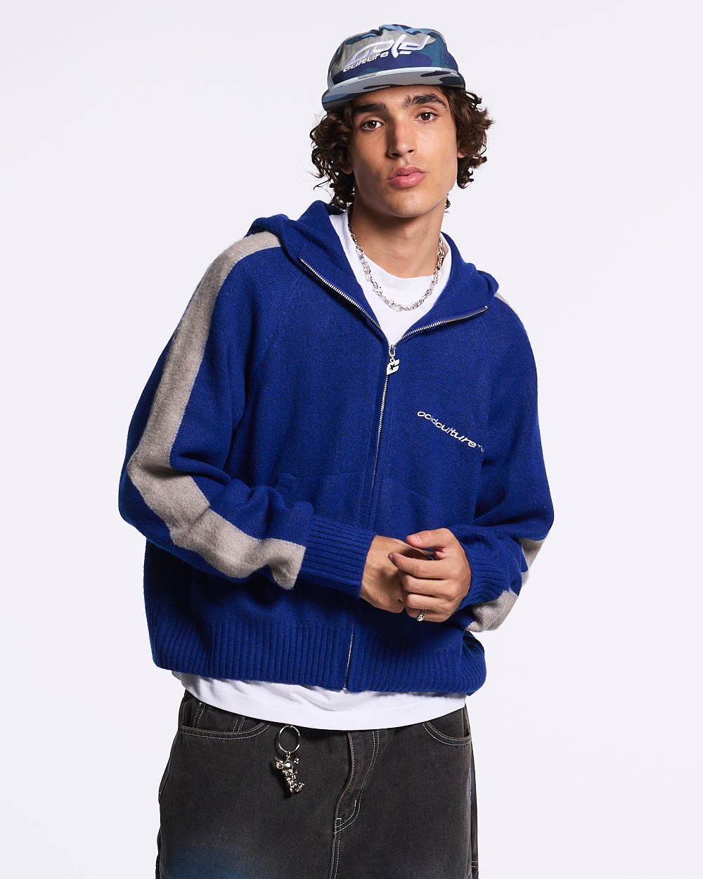 VIBRANT TEDDY KNIT BLUE - royal blue zip-up knit sweater, front view on male model - Cold Culture #man