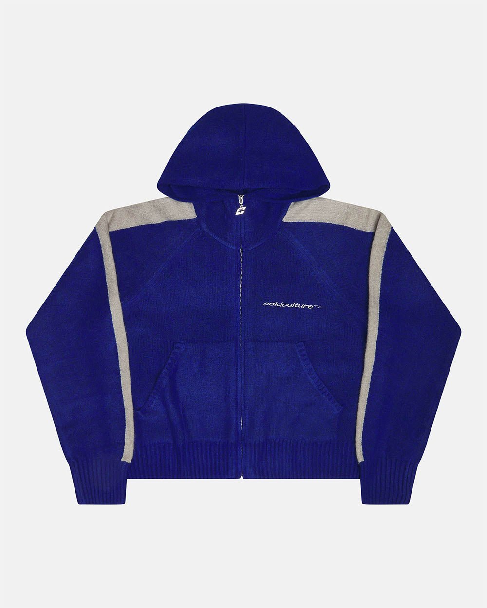 VIBRANT TEDDY KNIT BLUE - royal blue zip-up knit sweater, front view - Cold Culture #packshot