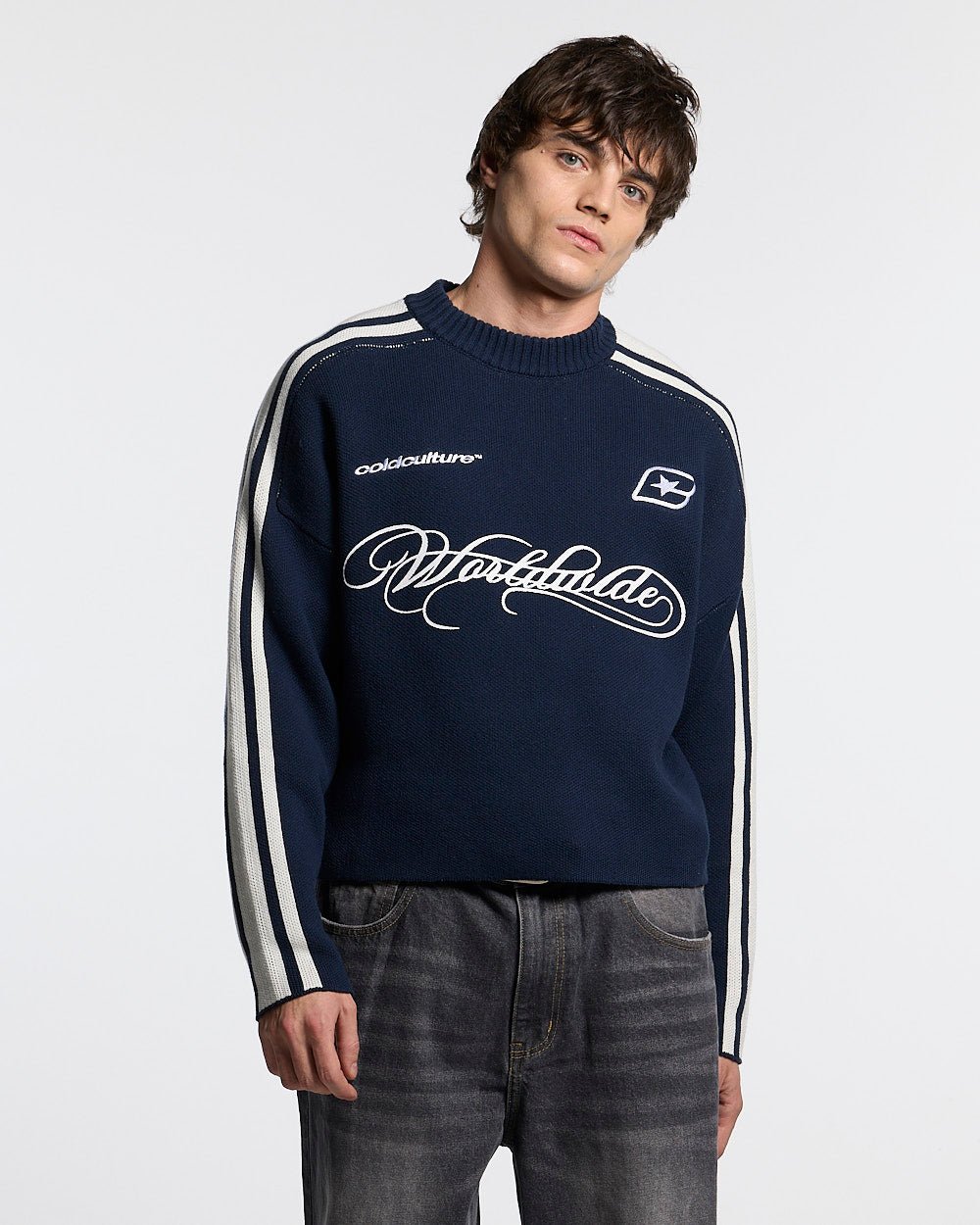 W80 KNITWEAR BLUE - navy striped knit sweater, front view on male model - Cold Culture #man