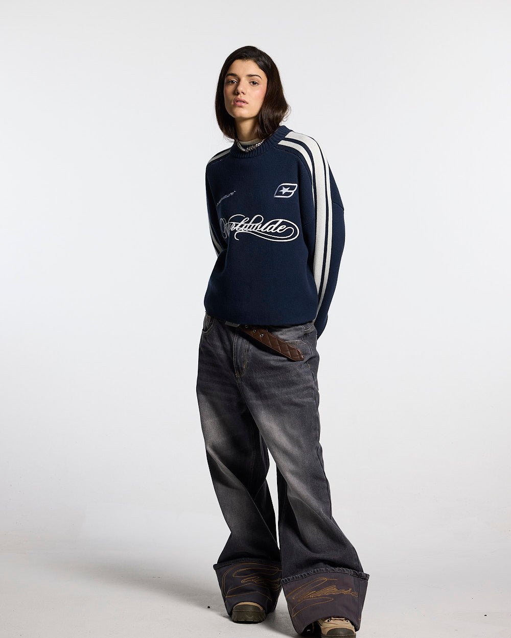 W80 KNITWEAR BLUE - navy striped knit sweater, front view on female model - Cold Culture #woman