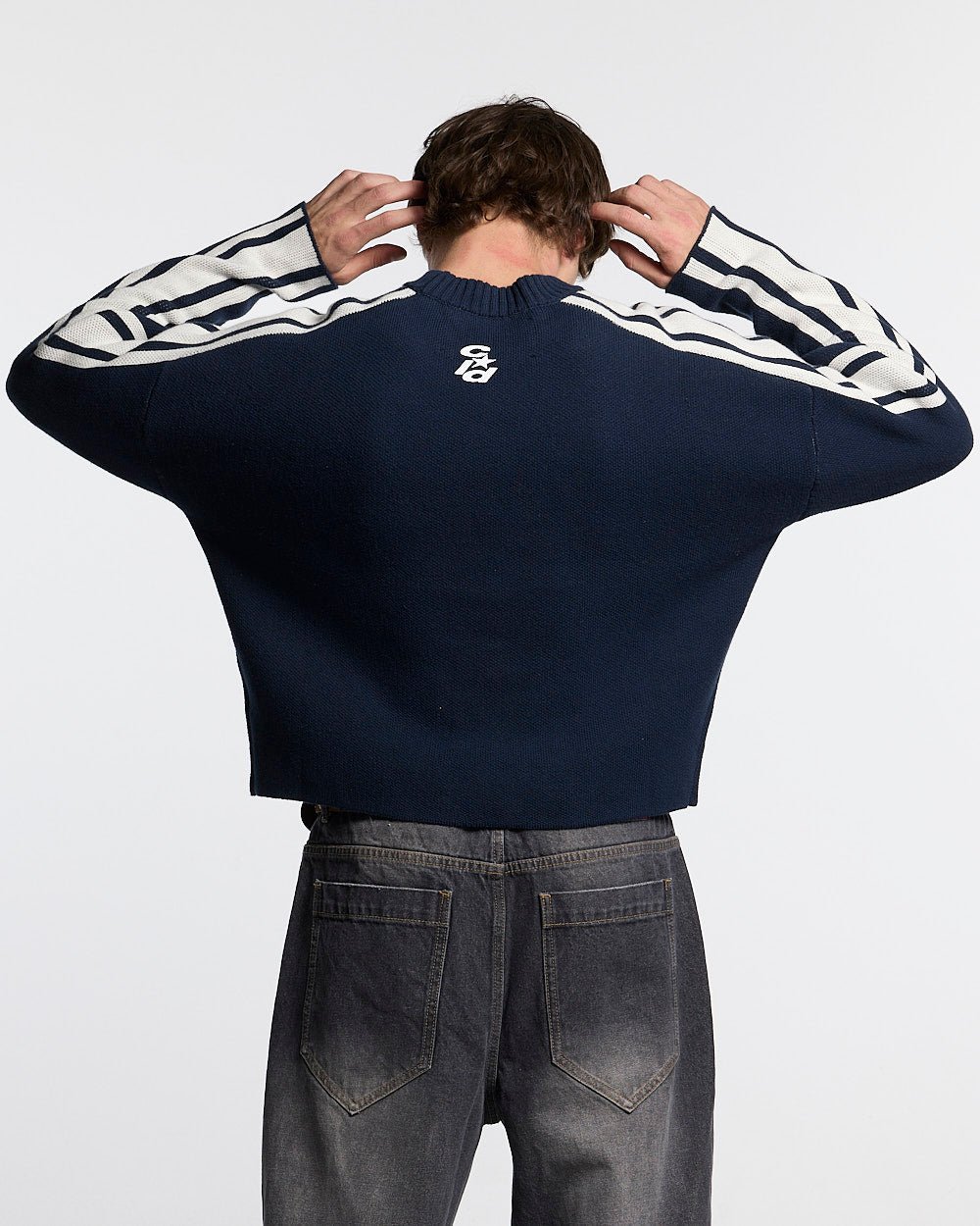 W80 KNITWEAR BLUE - navy striped knit sweater, back view on male model - Cold Culture #man