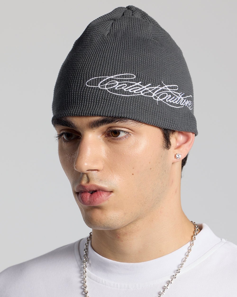 WAFFLE BEANIE BLACK - black waffle knit beanie, on model close-up - Cold Culture #man