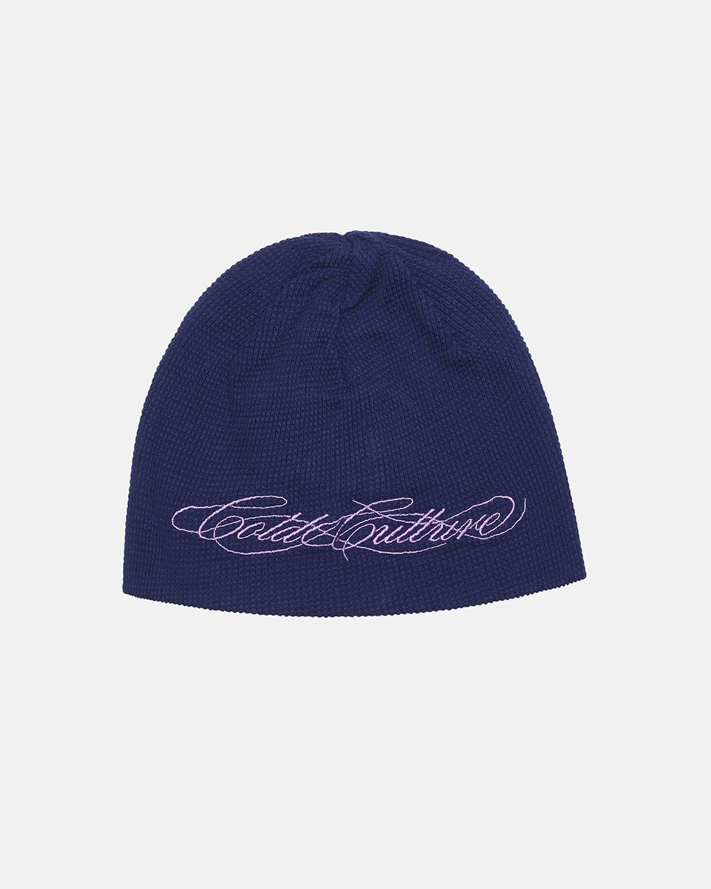 WAFFLE BEANIE BLUE - navy blue waffle knit beanie, front view - Cold Culture #packshot