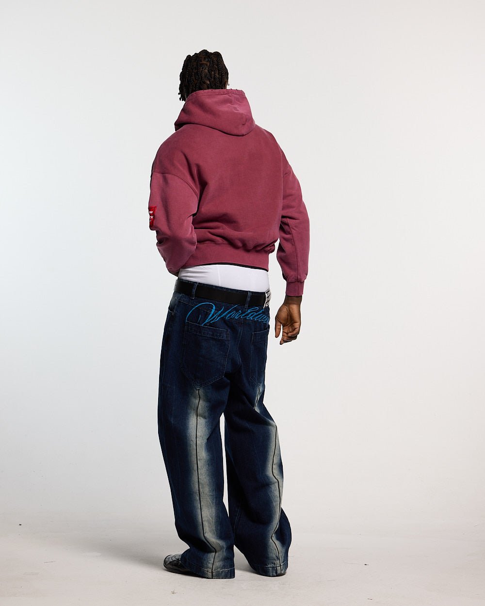 WALKER HOODIE BURGUNDY - burgundy hoodie with patches, back view on male model - Cold Culture