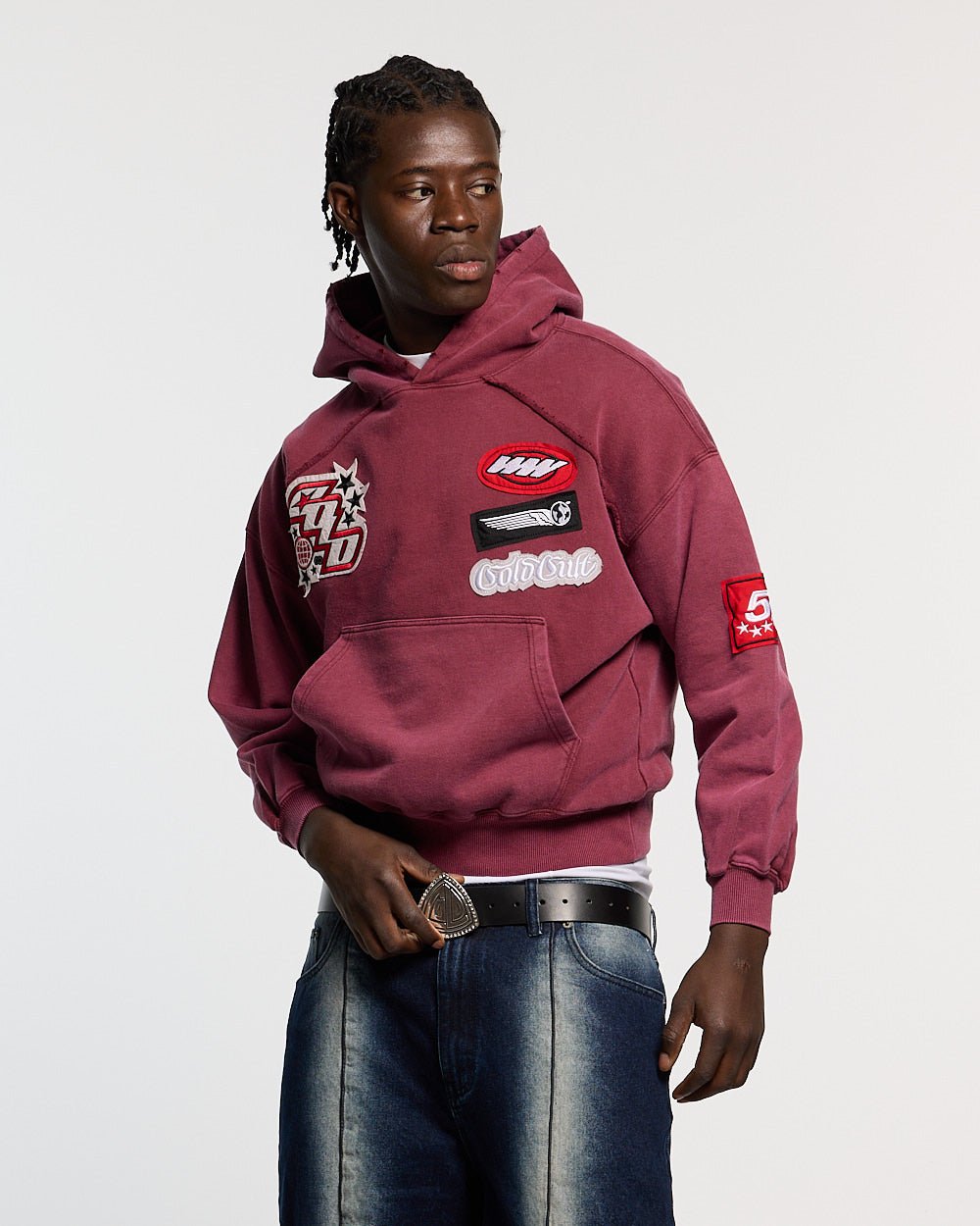 WALKER HOODIE BURGUNDY - burgundy hoodie with patches, front view on male model - Cold Culture #man