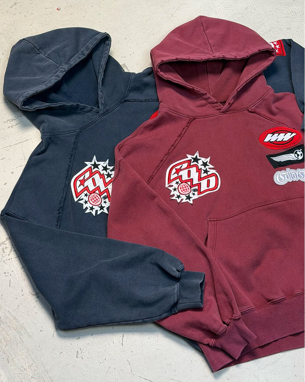 WALKER HOODIE DARK BLUE - dark blue hoodie with patches, flat lay with matching pieces - Cold Culture