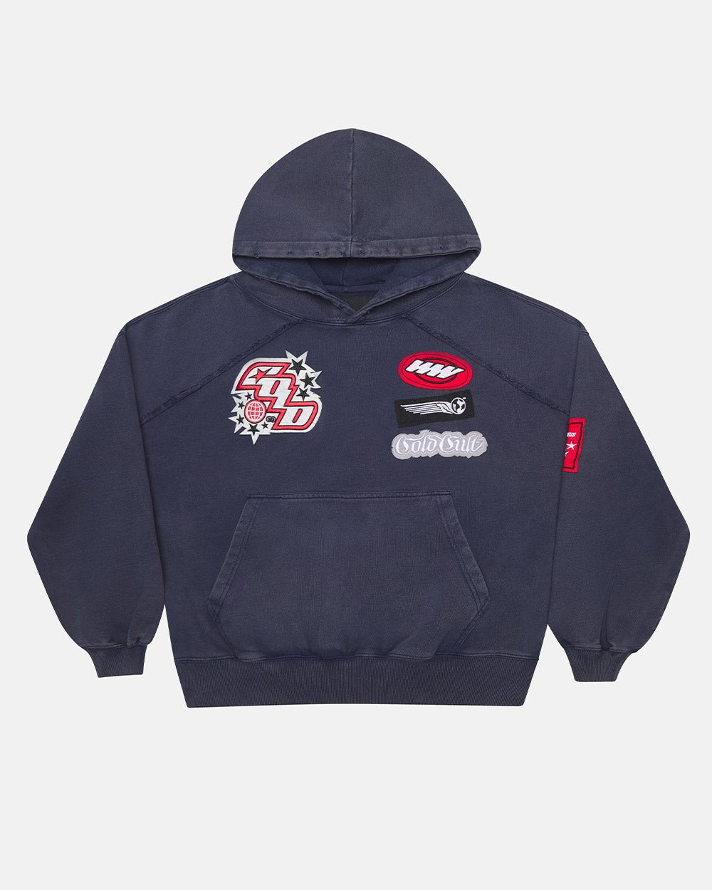 WALKER HOODIE DARK BLUE - dark blue hoodie with patches, front view - Cold Culture #packshot