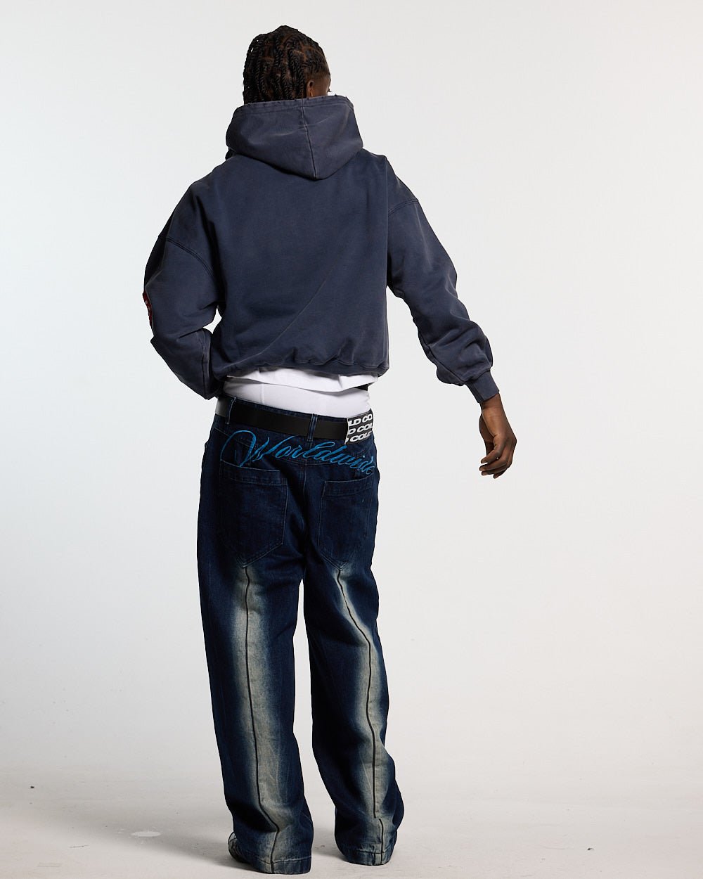 WALKER HOODIE DARK BLUE - dark blue hoodie with patches, back view on male model - Cold Culture