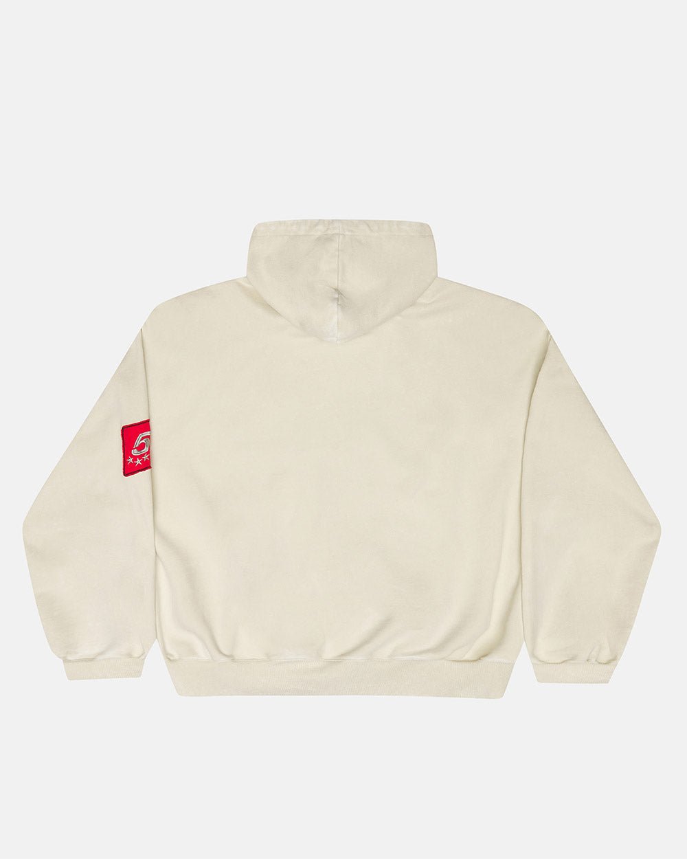 WALKER ZIP HOODIE LIGHT GREY - cream zip-up hoodie with patches, back view - Cold Culture #packshot