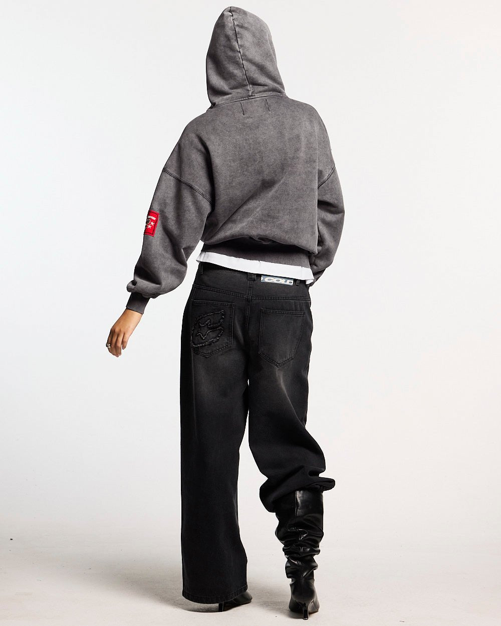 WALKER ZIP HOODIE WASHED BLACK - washed grey zip hoodie with patches, back view on female model - Cold Culture #woman