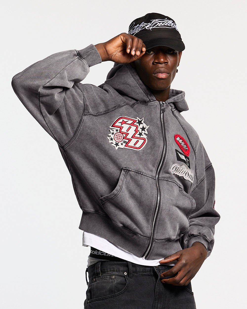 WALKER ZIP HOODIE WASHED BLACK - washed grey zip hoodie with patches, front view on male model - Cold Culture #man