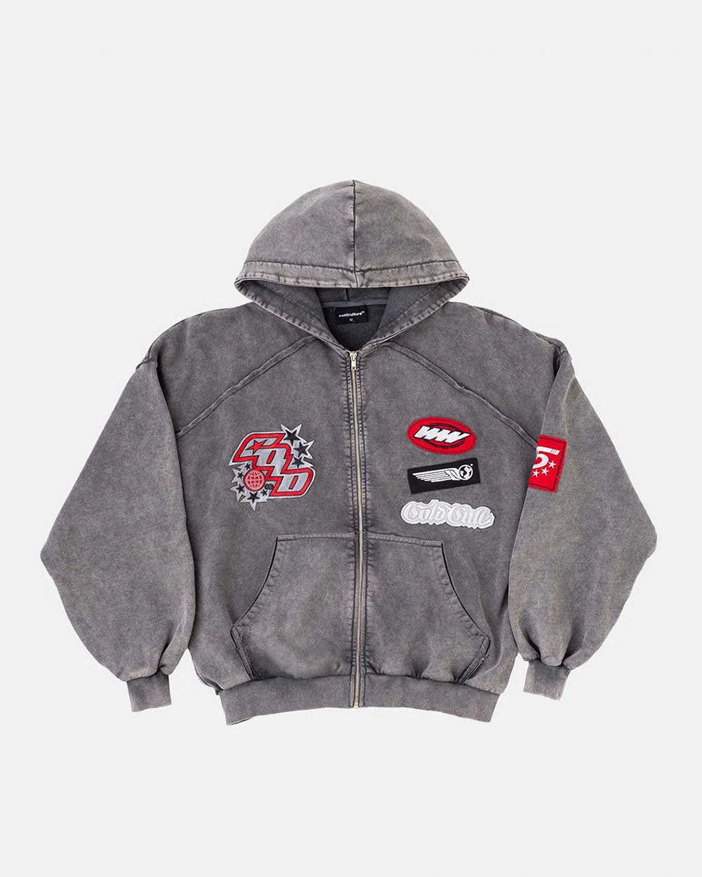 WALKER ZIP HOODIE WASHED BLACK - washed grey zip hoodie with patches, front view - Cold Culture #packshot