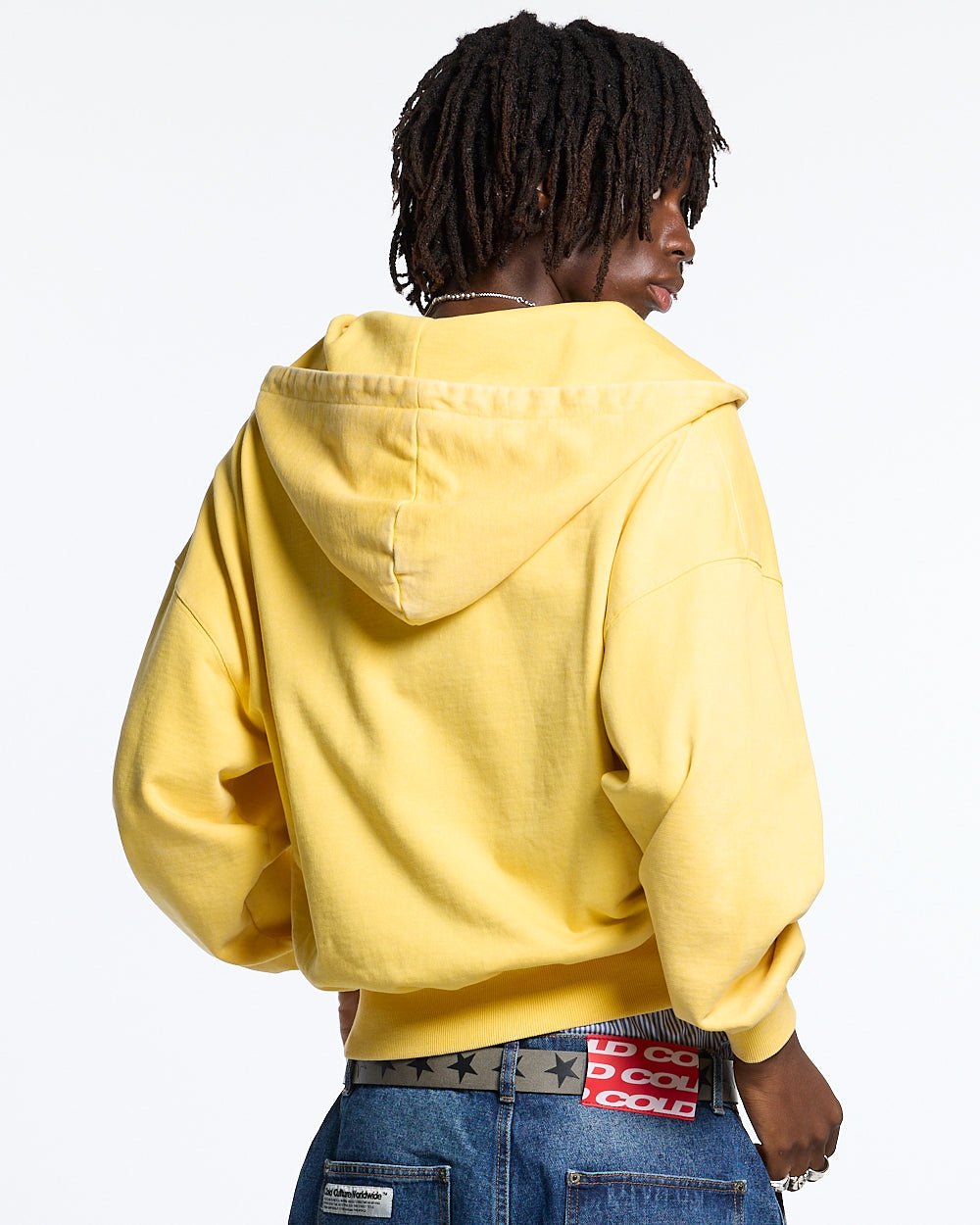 WALKER ZIP HOODIE YELLOW - yellow zip-up hoodie with patches, back view on male model - Cold Culture