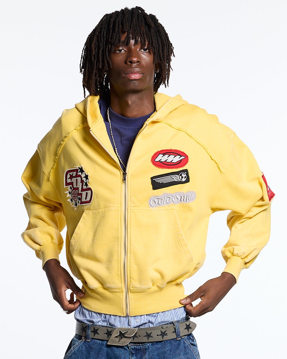 WALKER ZIP HOODIE YELLOW - yellow zip-up hoodie with patches, front view on male model - Cold Culture #man