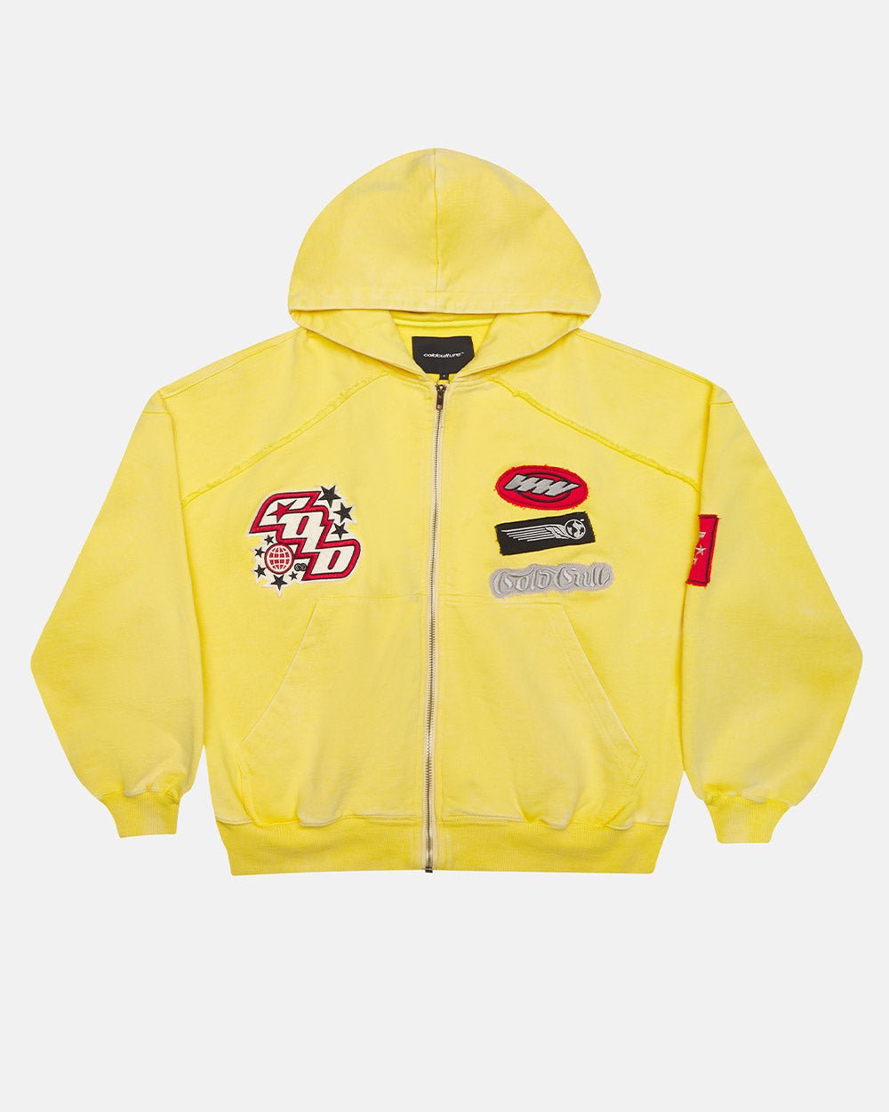 WALKER ZIP HOODIE YELLOW - yellow zip-up hoodie with patches, front view - Cold Culture #packshot