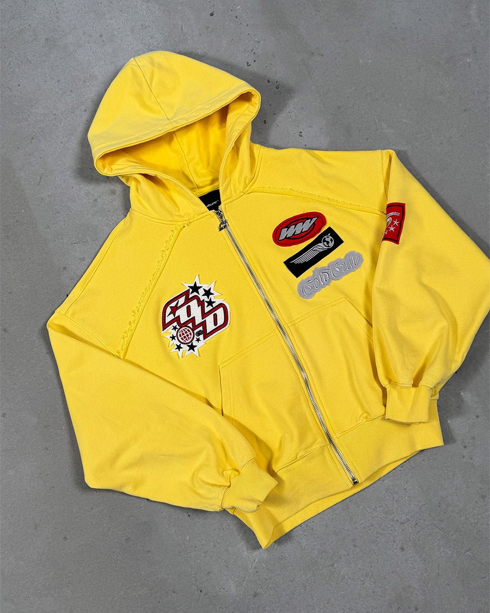 WALKER ZIP HOODIE YELLOW - yellow zip-up hoodie with patches, flat lay - Cold Culture