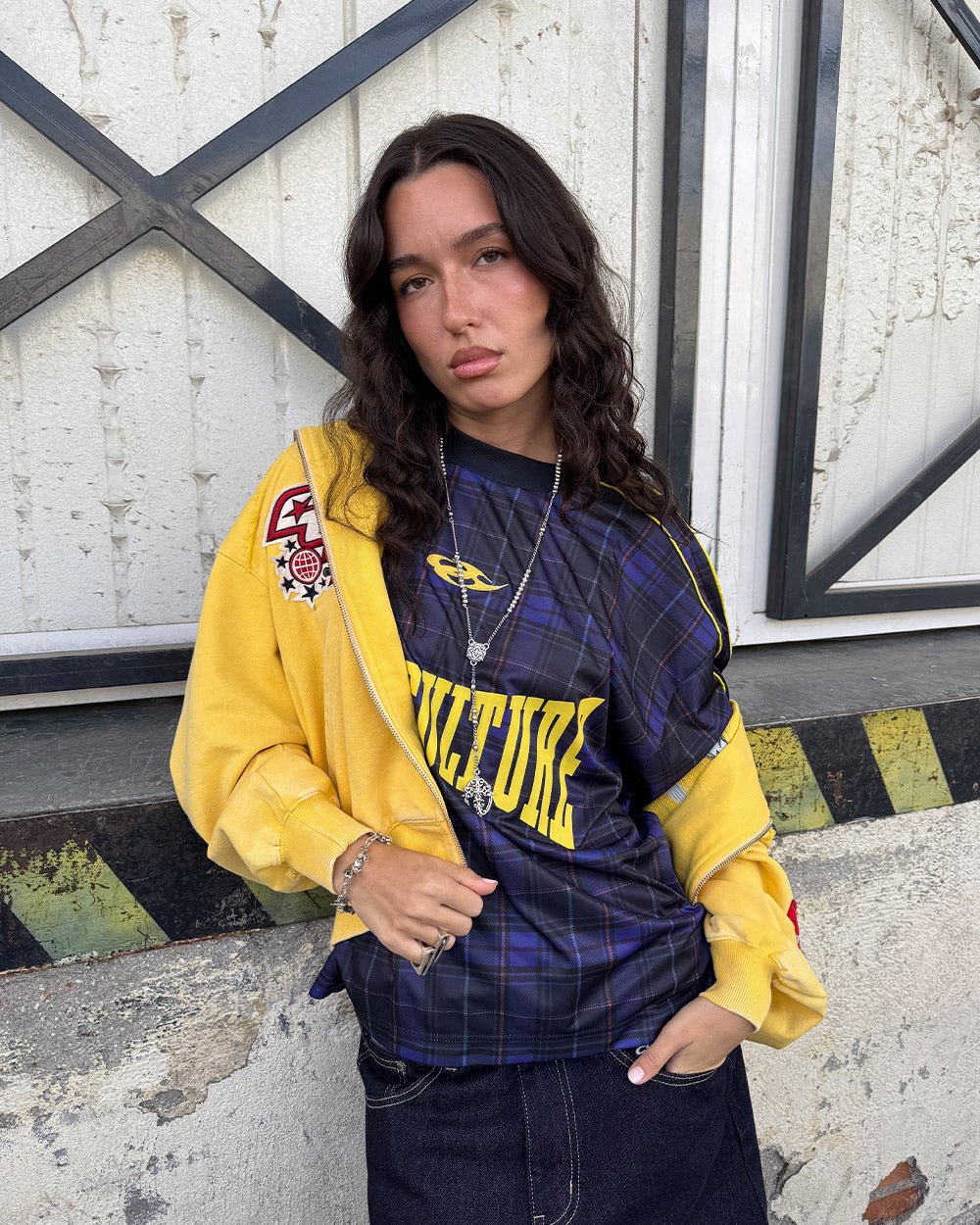 WALKER ZIP HOODIE YELLOW - yellow zip-up hoodie with patches, street style shot - Cold Culture #woman