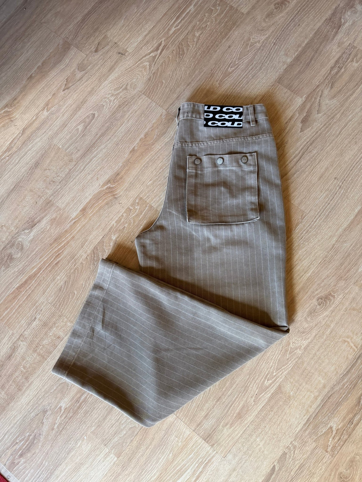 WASHED CASINO V1 PANTS BEIGE - beige pinstripe washed pants, flat lay - Cold Culture