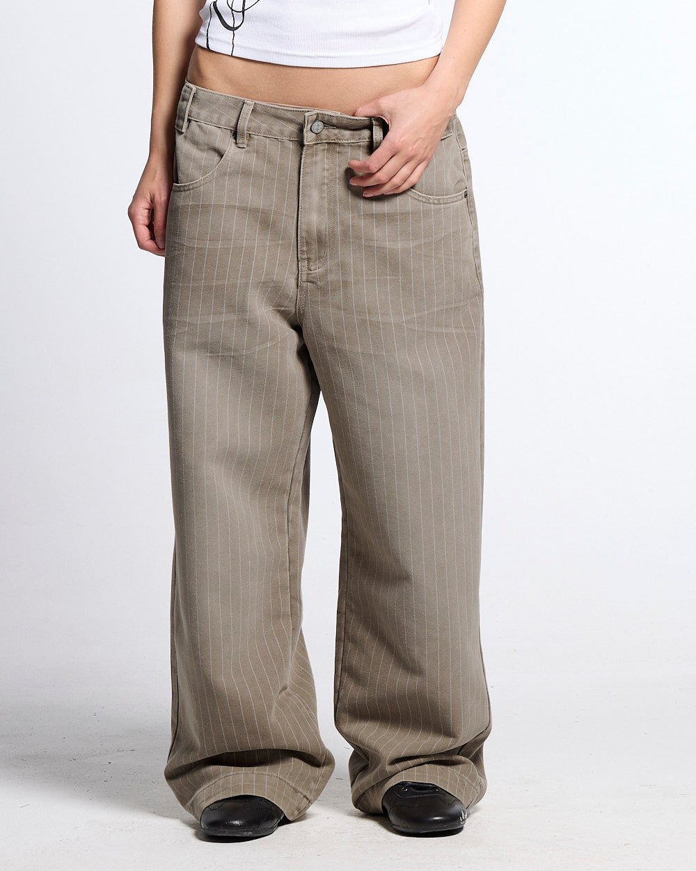 WASHED CASINO V1 PANTS BEIGE - beige pinstripe washed pants, front view on female model - Cold Culture #woman