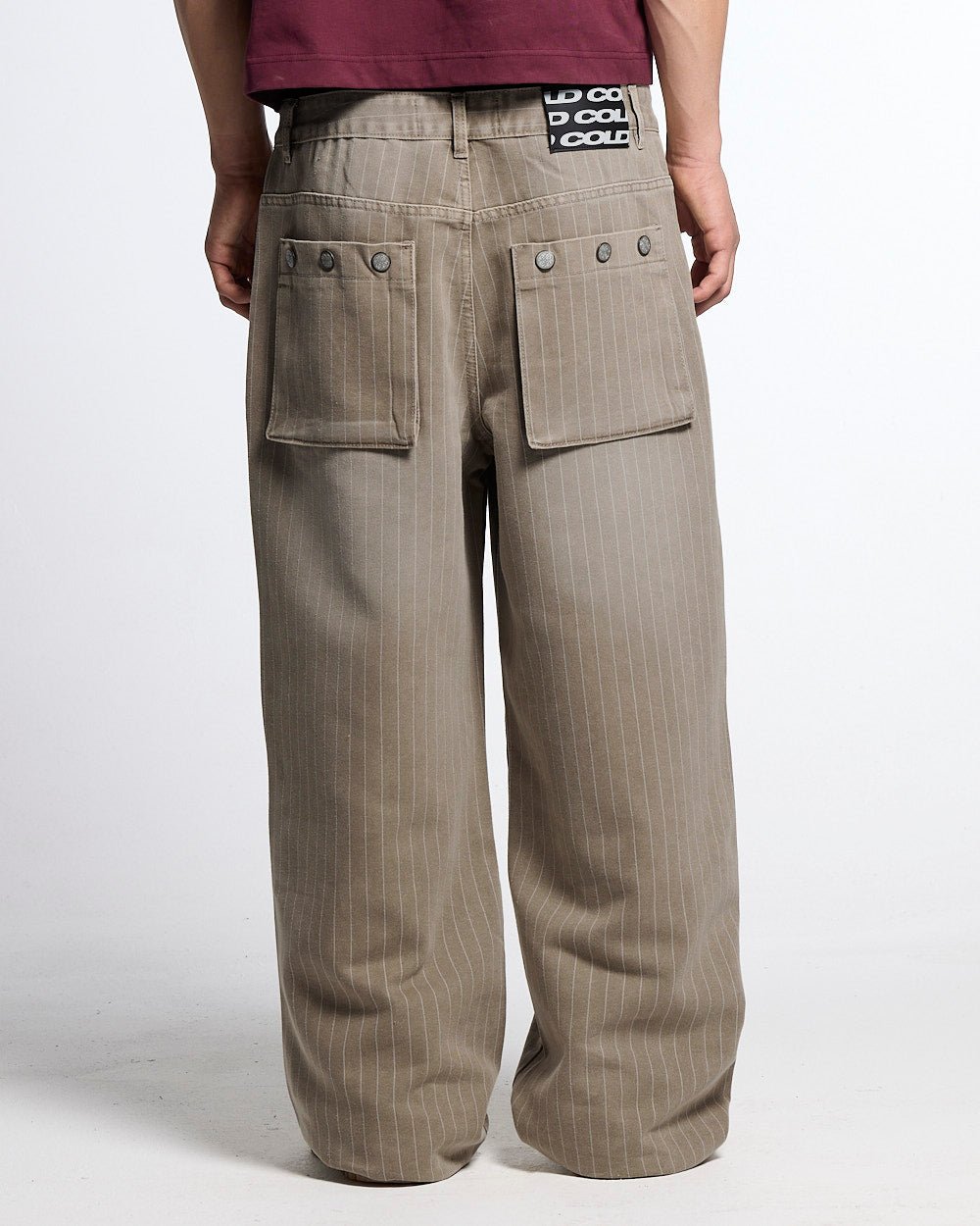 WASHED CASINO V1 PANTS BEIGE - beige pinstripe washed pants, back view on male model - Cold Culture