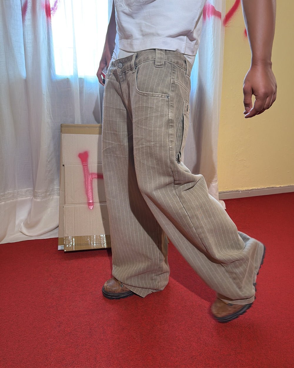 WASHED CASINO V1 PANTS BEIGE - beige pinstripe washed pants, street style shot - Cold Culture
