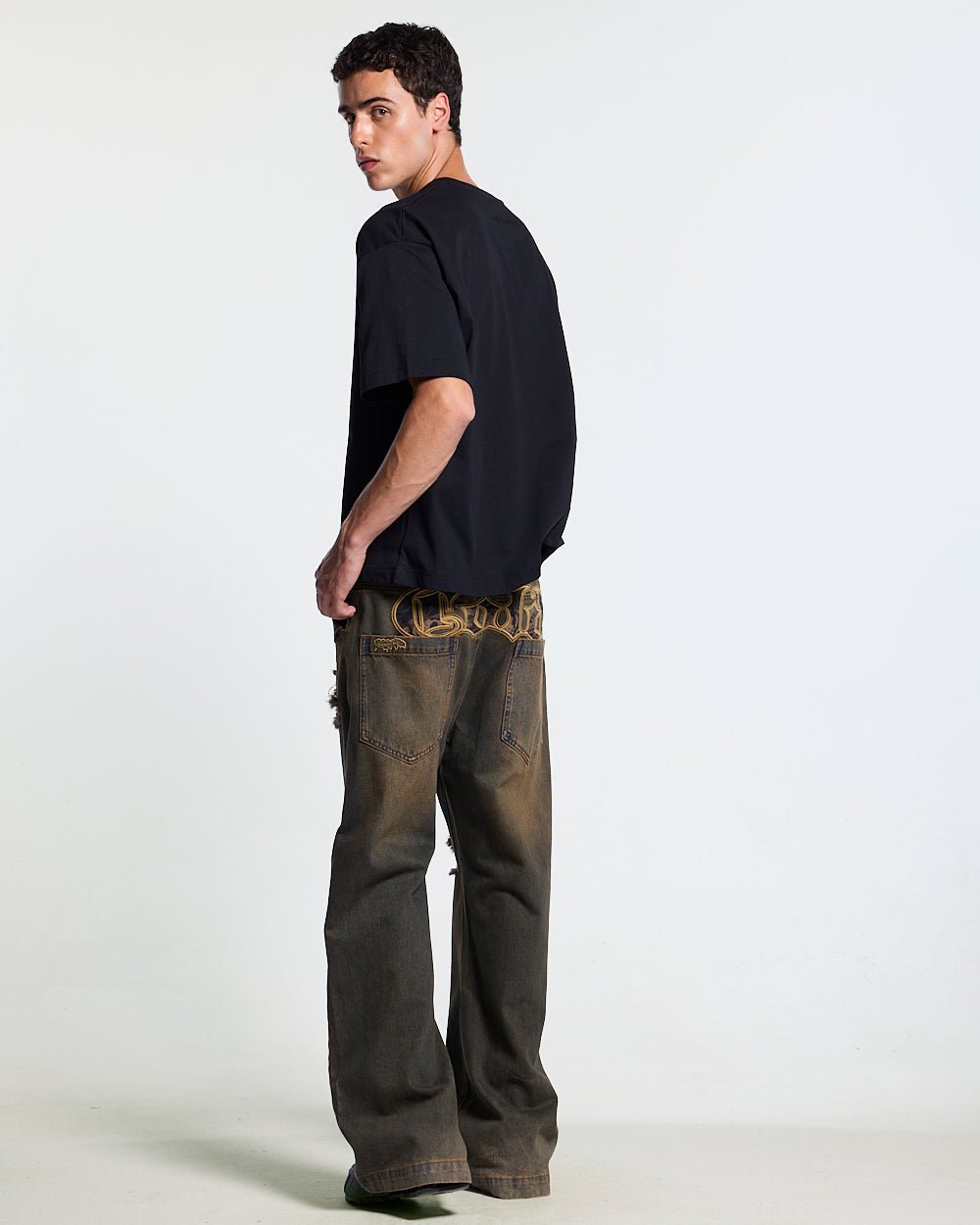 WATCH OUT TEE BLACK - black boxy tee, back view on male model - Cold Culture #man