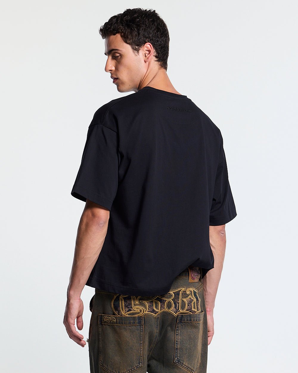 WATCH OUT TEE BLACK - black boxy tee, back view on male model - Cold Culture #man