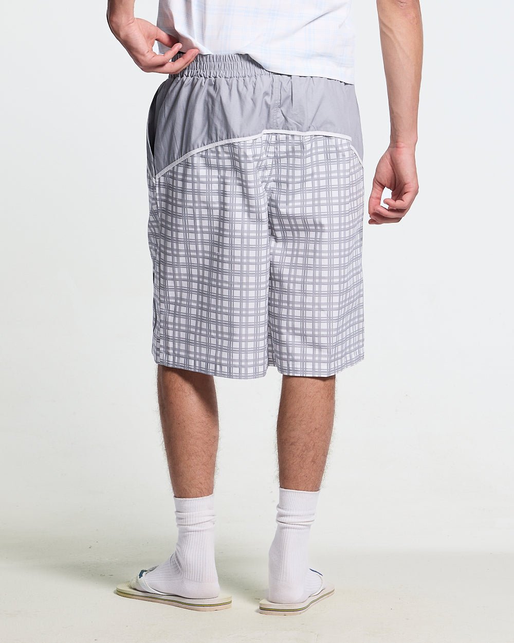WAVE SWIMSHORTS GREY - grey checked swim shorts, worn detail - Cold Culture