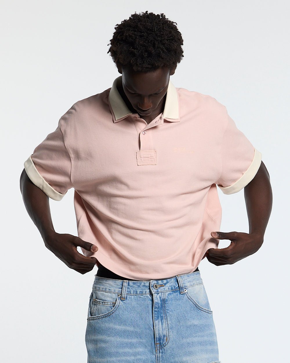 WHIP POLO PINK - pink oversized polo shirt, front view on male model - Cold Culture #man