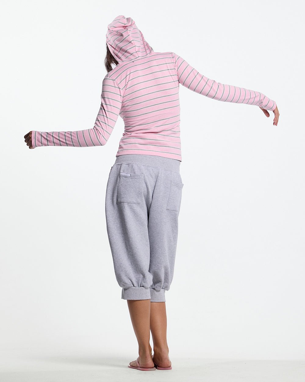 WHIPPED CREAM ZIP LONGSLEEVE PINK - pink striped zip longsleeve, back view on female model - Cold Culture #woman