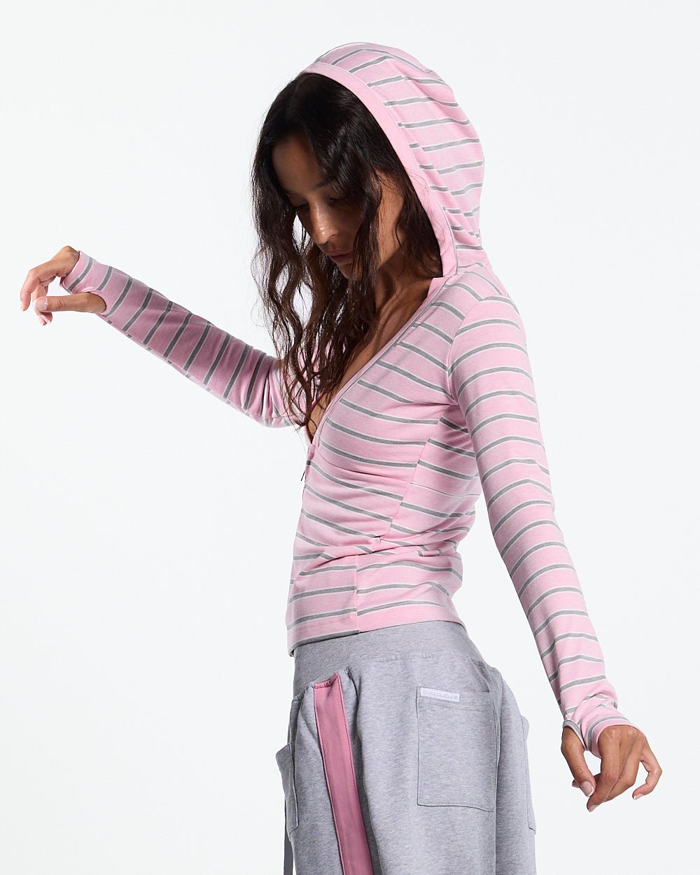 WHIPPED CREAM ZIP LONGSLEEVE PINK - pink striped zip longsleeve, side view - Cold Culture #woman