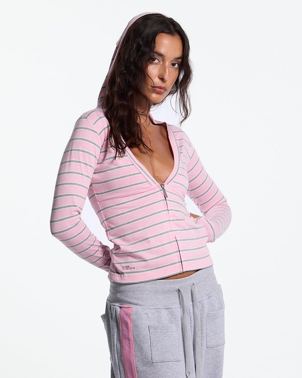 WHIPPED CREAM ZIP LONGSLEEVE PINK - pink striped zip longsleeve, front view on female model - Cold Culture #woman