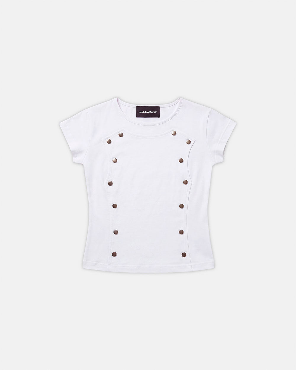 WHISK BABY TEE WHITE - white studded baby tee, front view - Cold Culture #packshot