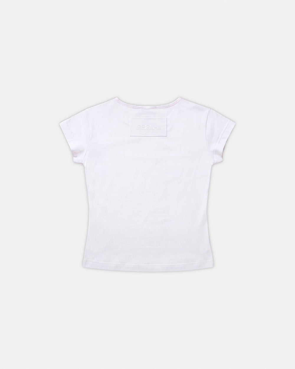 WHISK BABY TEE WHITE - white studded baby tee, back view - Cold Culture #packshot