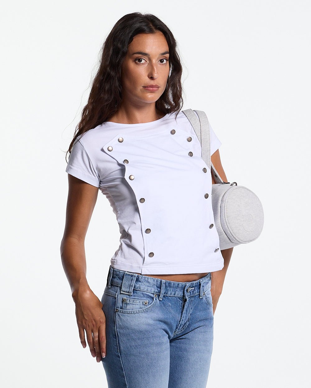 WHISK BABY TEE WHITE - white studded baby tee, front view on female model - Cold Culture #woman