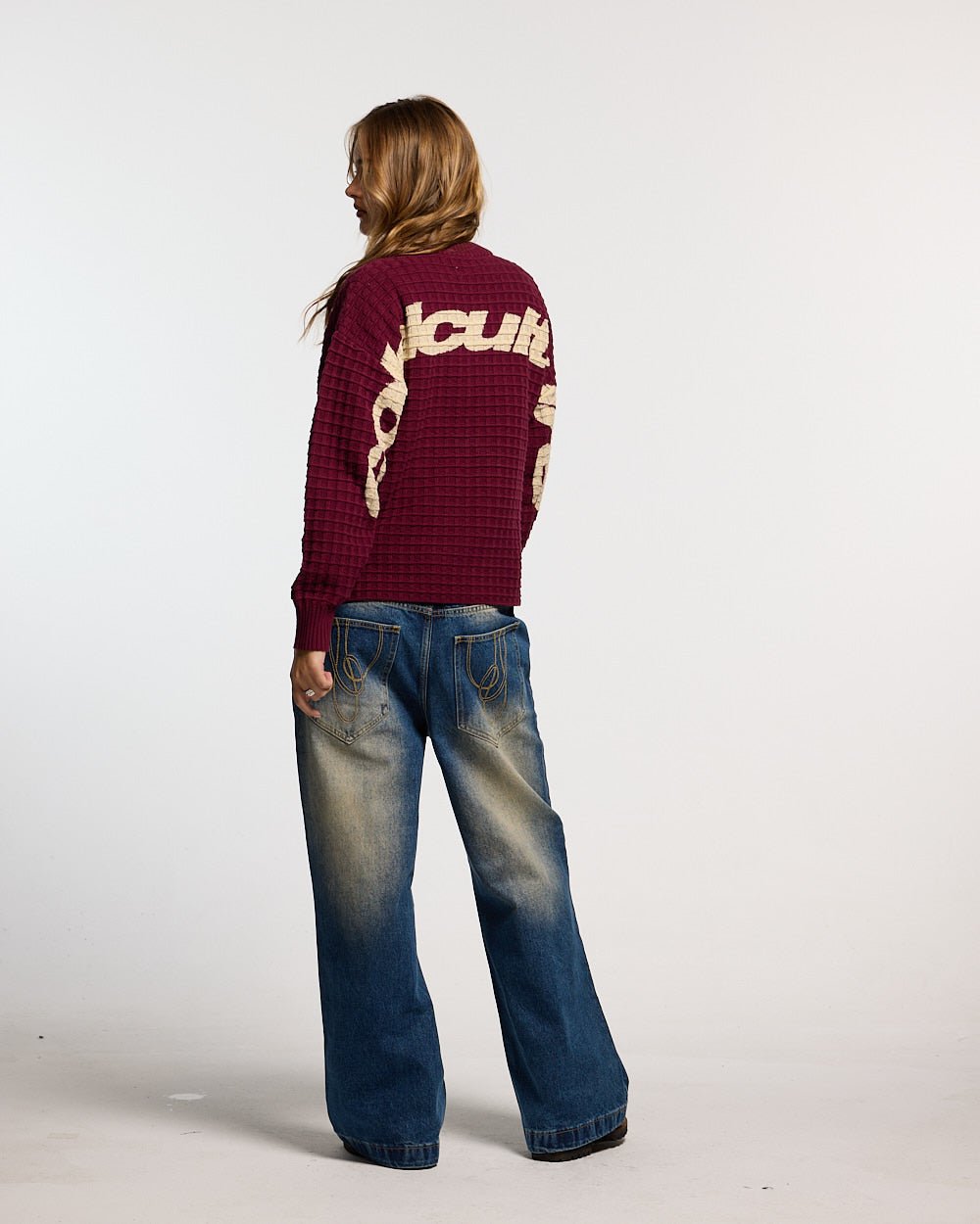 WIBBLE SCRIPT V3 PANTS BLUE - washed blue denim pants, back view on female model - Cold Culture #woman