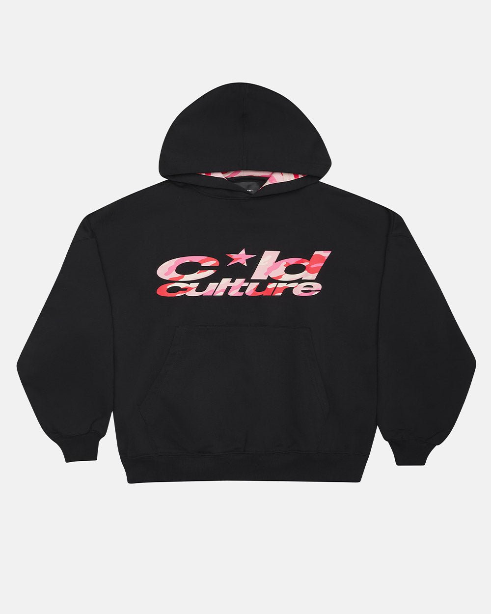 WILD CAMO HOODIE BLACK - black graphic print hoodie, front view - Cold Culture #packshot