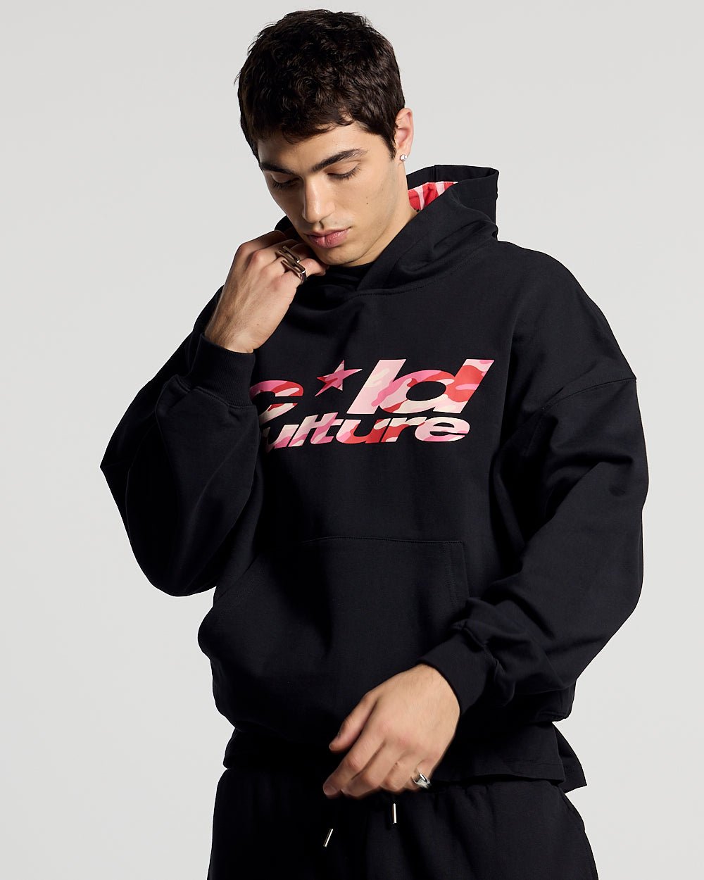 WILD CAMO HOODIE BLACK - black graphic print hoodie, front view on male model - Cold Culture #man