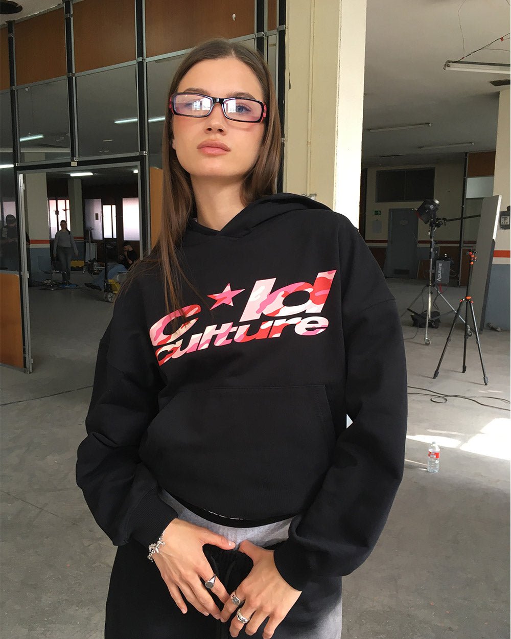 WILD CAMO HOODIE BLACK - black graphic print hoodie, front view on female model - Cold Culture #woman